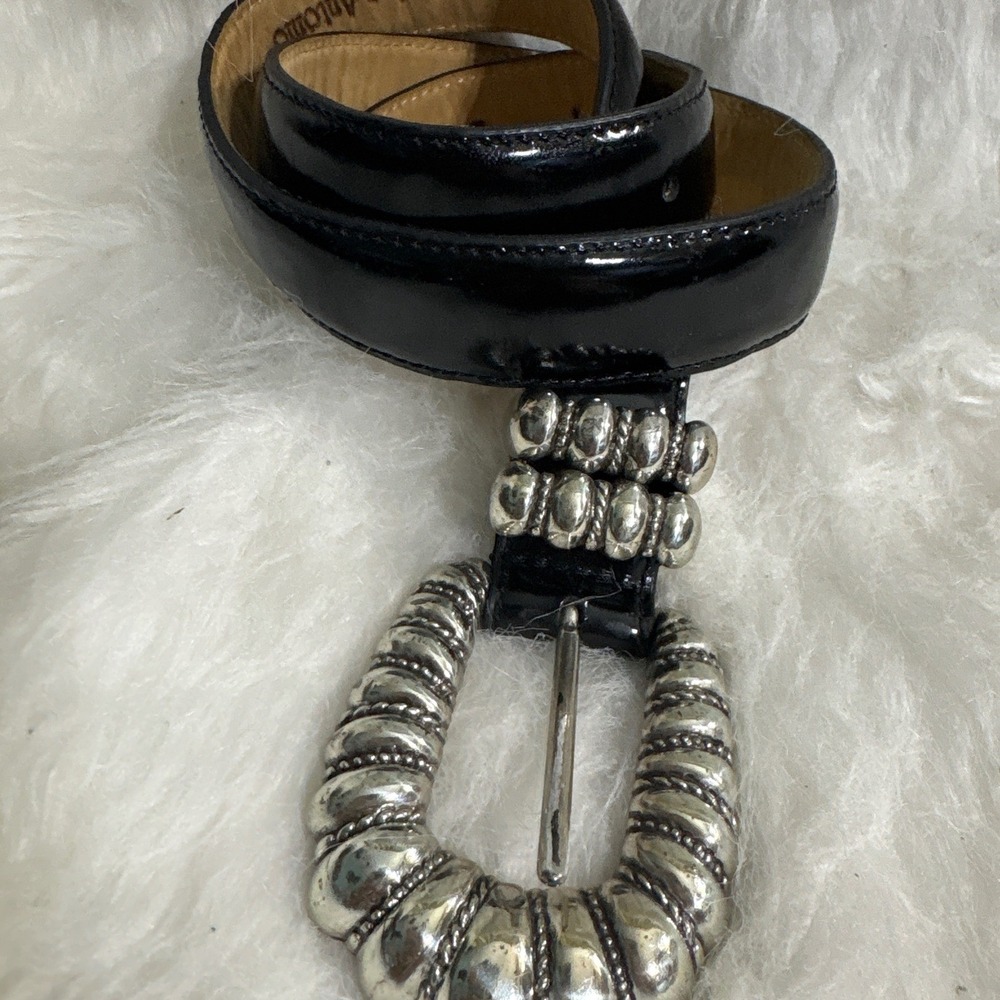 Barse Belt Womens Small Black Patent Italian Leather Silver Western vintage